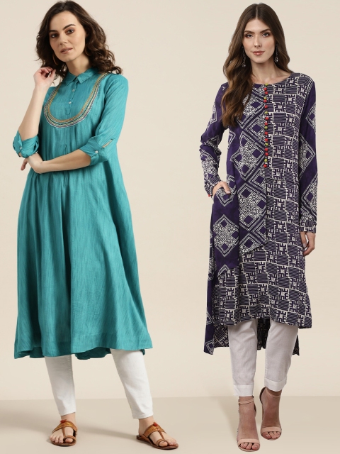 

Sangria Women Pack of 2 A-Line Kurtas, Blue