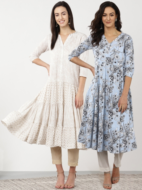 

Sangria Women Pack of A-Line Kurta & Angrakha Kurta, White