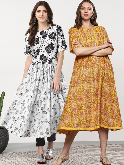 

Sangria Women Pack of 2 Printed Anarkali Kurtas, White