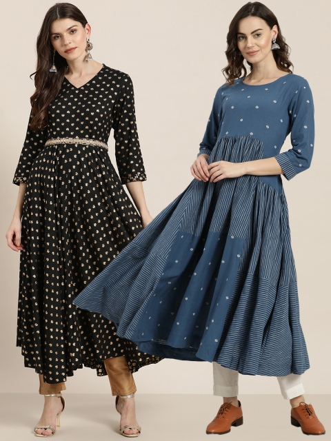 

Sangria Women Pack of 2 Anarkali Kurtas, Black
