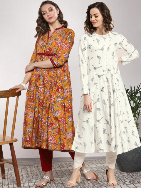 

Sangria Women Pack of 2 Printed Anarkali Kurtas, White