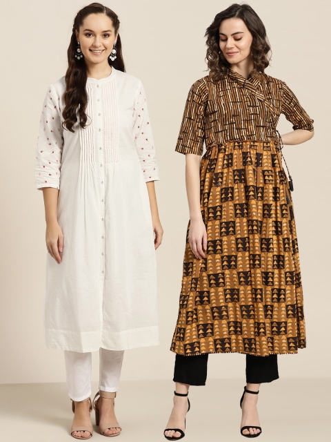 

Sangria Women Pack of Solid A-Line Kurta & Printed Angrakha Kurta, White
