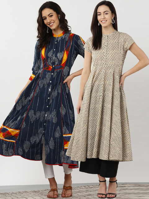 

Sangria Women Pack of A-Line Kurta & Anarkali Kurta, Navy blue