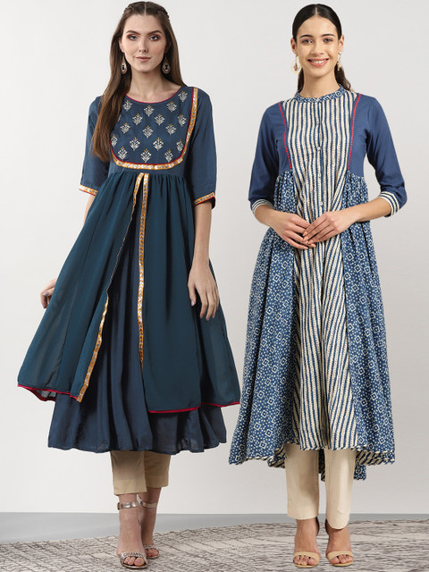 

Sangria Women Pack of 2 Anarkali Kurtas, Teal