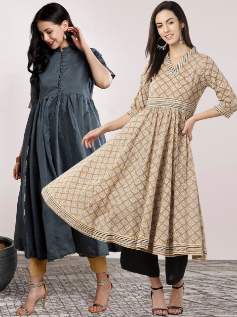 

Sangria Women Pack of Anarkali Kurta & A-Line Kurta, Grey