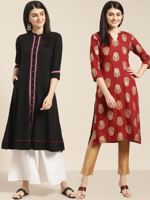 

Sangria Women Pack of Printed Straight Kurta & Solid A-Line Kurta, Black