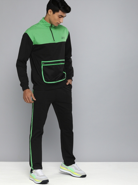 

HRX by Hrithik Roshan Men Jet Black & Kelly Green Colourblock Bio-Wash Lifestyle Tracksuit
