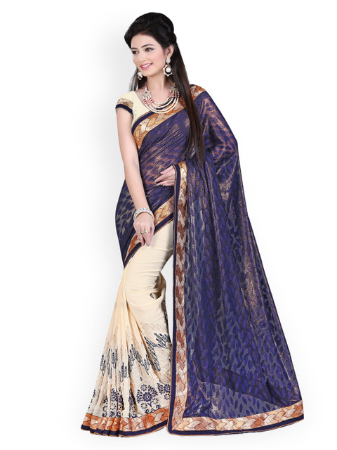 

Satrani Navy & Cream-Coloured Embroidered Jacquard & Georgette Saree, Navy blue