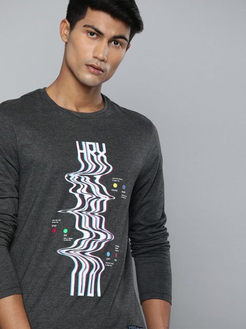

HRX by Hrithik Roshan Men Charcoal and White Printed Regular Fit Antimicrobial T-shirt, Champagne