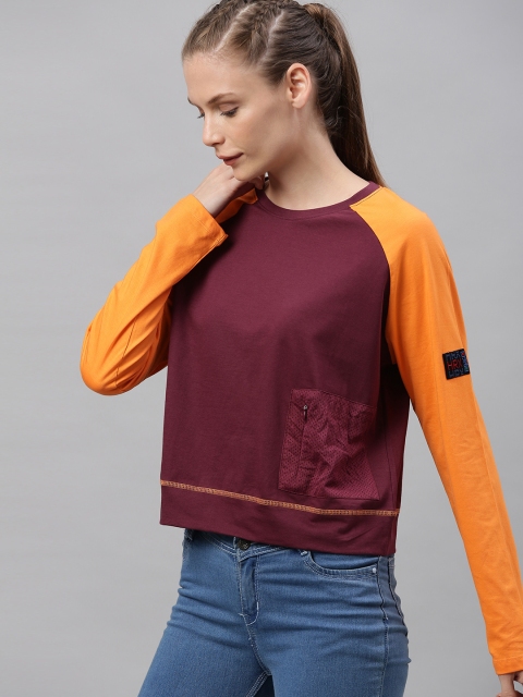 

HRX by Hrithik Roshan Women Maroon Colourblocked Bio-Wash Antimicrobial Lifestyle Pure Cotton T-shirt