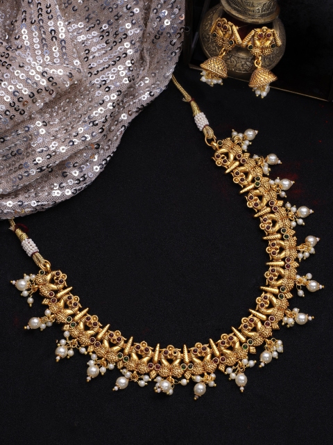 

Rubans 22 K Gold-Plated White & Red Stone-Studded Pearl Handcrafted Temple Jewellery Set