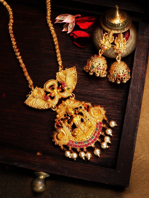 

Rubans 22 K Gold-Plated White & Red Stone-Studded Beaded Devine Lakshmi Handcrafted Temple Jewellery Set