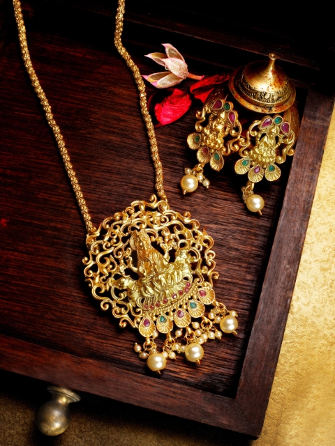 

Rubans 22 K Gold-Plated White & Red Stone-Studded Beaded Devine Lakshmi Handcrafted Temple Jewellery Set