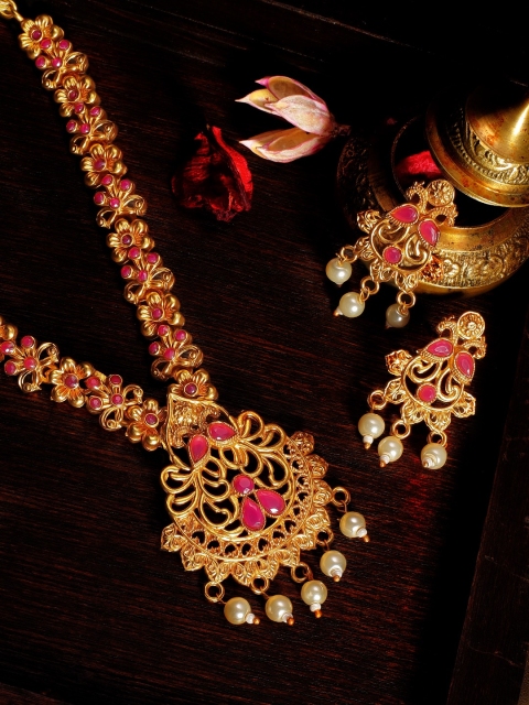 

Rubans 22 K Gold-Plated Pink Stone-Studded Beaded Handcrafted Jewellery Set