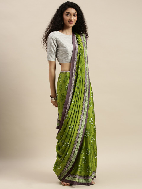 

KALINI Olive Green Printed Pure Crepe Saree