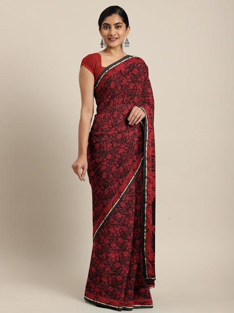 

KALINI Maroon & Black Floral Printed Pure Chiffon Saree