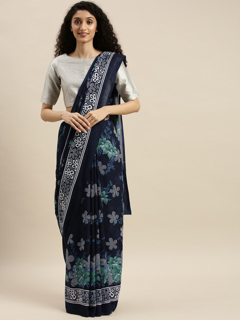 

KALINI Navy Blue & White Poly Georgette Printed Saree
