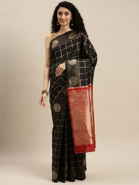 

KALINI Black & Gold-Toned Poly Silk Checked Banarasi Saree
