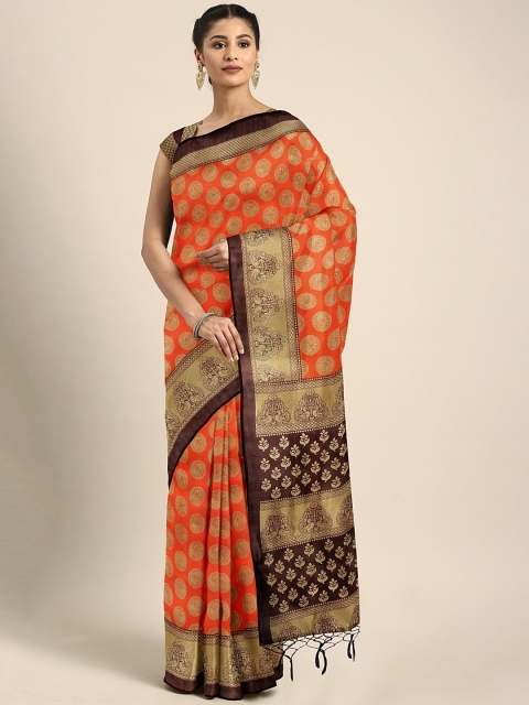 

KALINI Orange & Golden Poly Silk Woven Design Saree