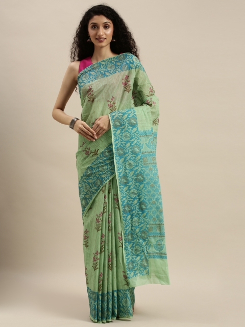 

KALINI Green Floral Printed Pure Cotton Saree