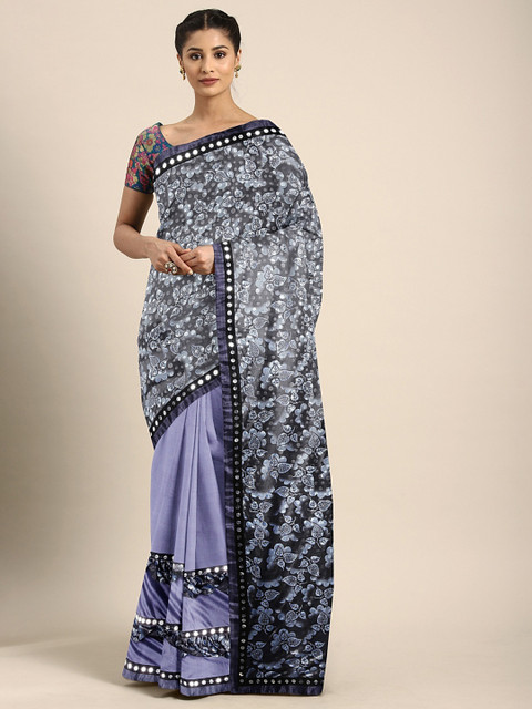 

KALINI Blue & Black Silk Blend Printed & Embellished Saree