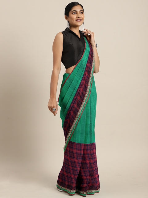 

KALINI Green & Maroon Pure Chiffon Striped Saree