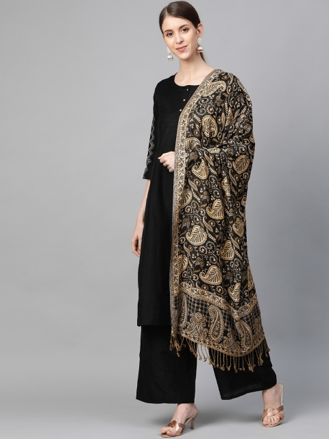 

WEAVERS VILLA Women Black & Beige Woven Design Stole