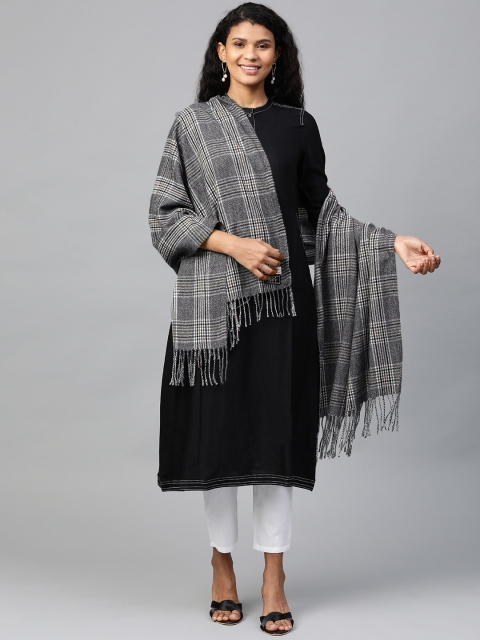 

WEAVERS VILLA Women Charcoal Grey & Black Checked Woollen Stole