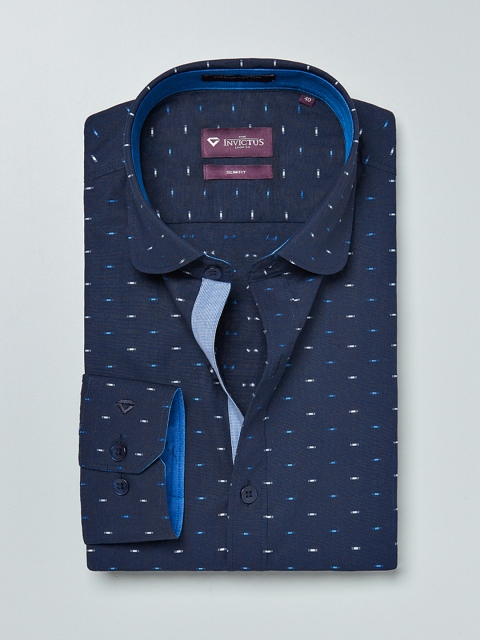 

INVICTUS Navy Printed Slim Fit Smart Casual Shirt, Navy blue