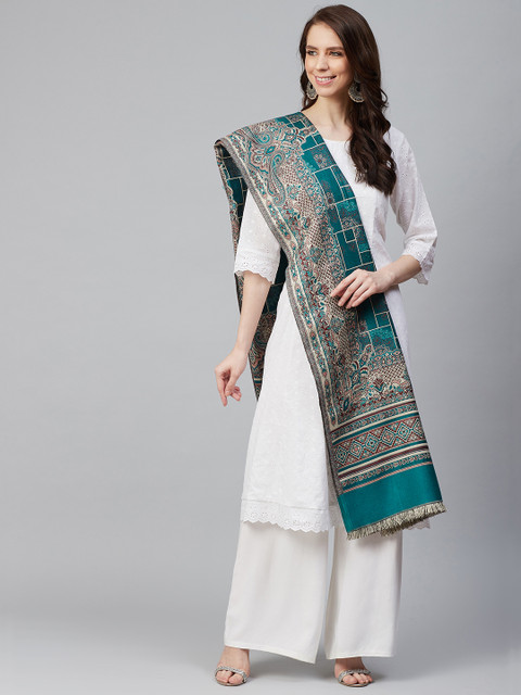 

WEAVERS VILLA Women Teal Green & Off-White Woven Design Shawl