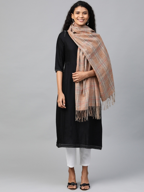 

WEAVERS VILLA Women Beige & Blue Checked Woollen Stole