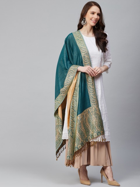 

WEAVERS VILLA Women Teal Blue & Beige Solid Stole
