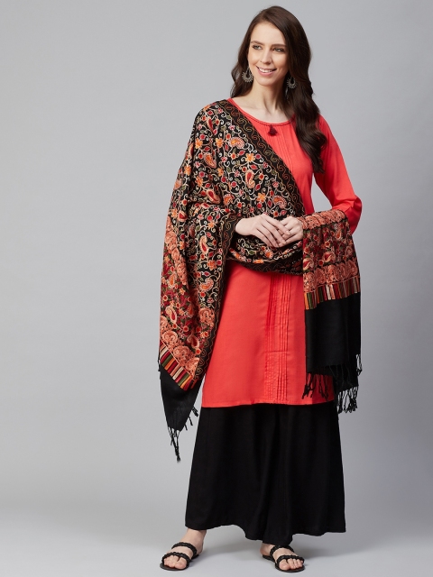 

WEAVERS VILLA Women Black & Orange Paisley Embroidered Shawl