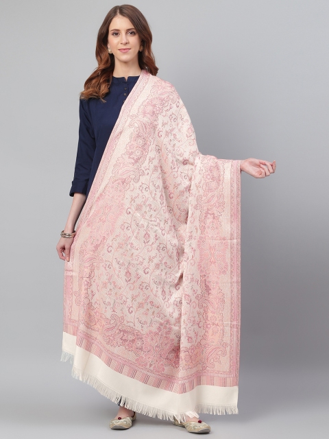 

WEAVERS VILLA White & Pink Ethnic Woven Design Shawl