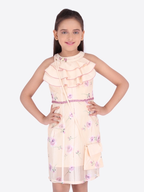 

CUTECUMBER Girls Cream-Coloured Printed A-Line Dress with Matching Sing Bag