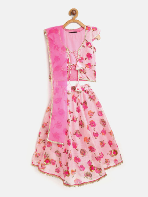

pspeaches Girls Pink Floral Print Ready to Wear Lehenga Choli with Dupatta & Ethnic Jacket