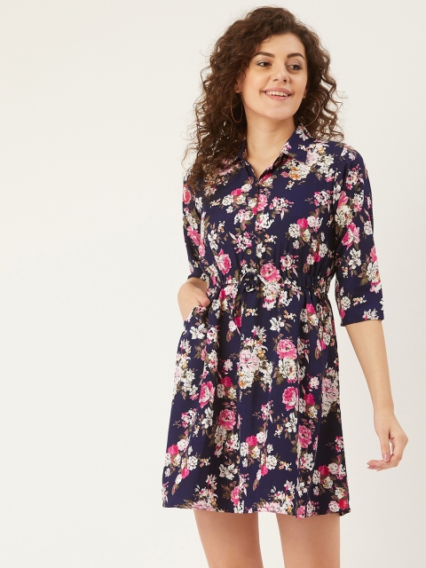 

U&F Women Navy Blue & Pink Floral Printed A-Line Dress