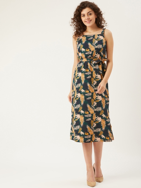 

U&F Women Green & Mustard Yellow Tropical Printed A-Line Dress