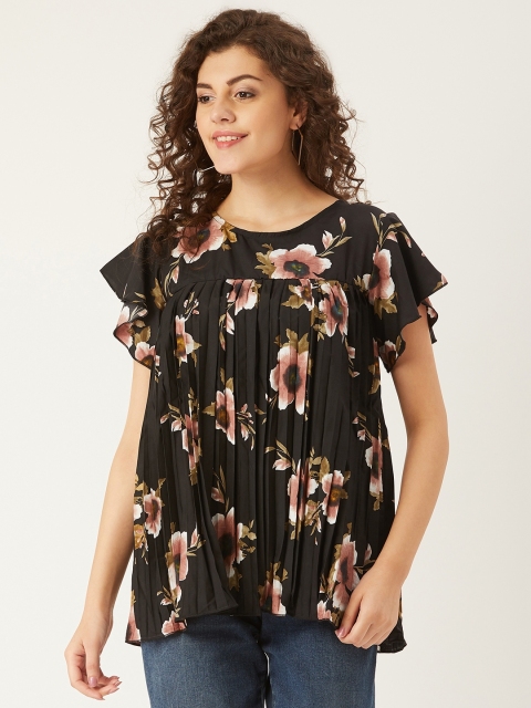 

U&F Women Black & Brown Accordion Pleated Floral Printed Top