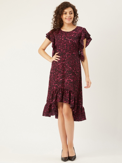 

U&F Women Maroon & Black Animal Printed A-Line Dress