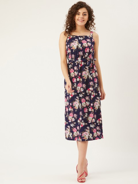 

U&F Women Navy Blue & Pink Floral Printed A-Line Dress