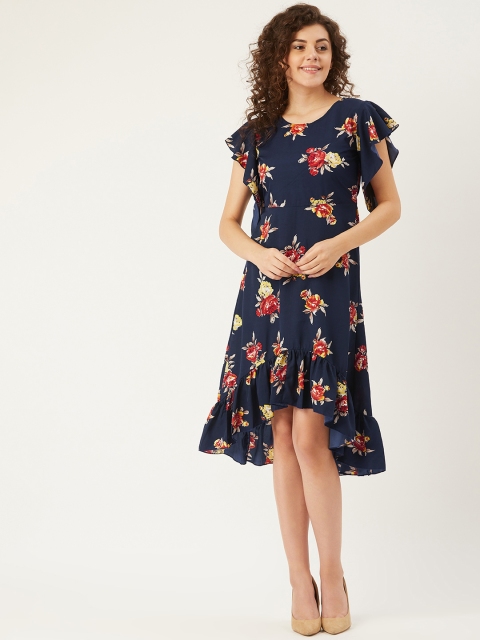 

U&F Women Navy Blue & Red Floral Printed A-Line Dress