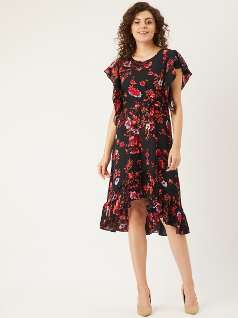 

U&F Women Black & Red Floral Printed A-Line Dress