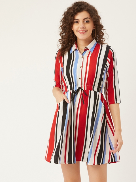 

U&F Women White & Red Striped A-Line Dress
