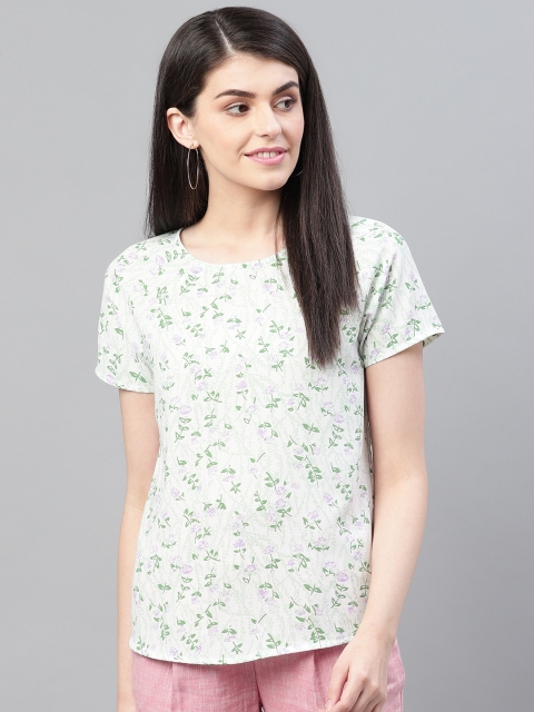 

Marks & Spencer Women Off-White & Green Printed Styled Back Top