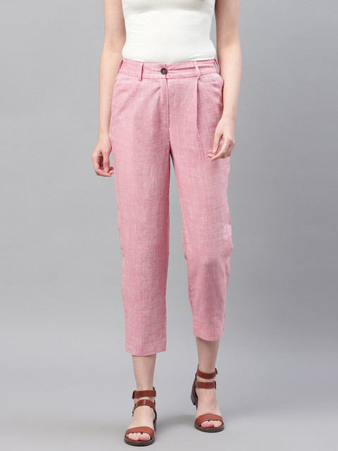 

Marks & Spencer Women Pink Tapered Fit Self Design Cropped Regular Trousers