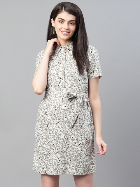 

Marks & Spencer Women Off-White & Green Floral Print Shirt Dress
