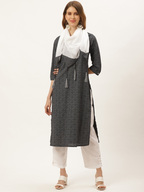 

Laabha Women Black & Off-White Printed Kurta with Palazzos & Scarf