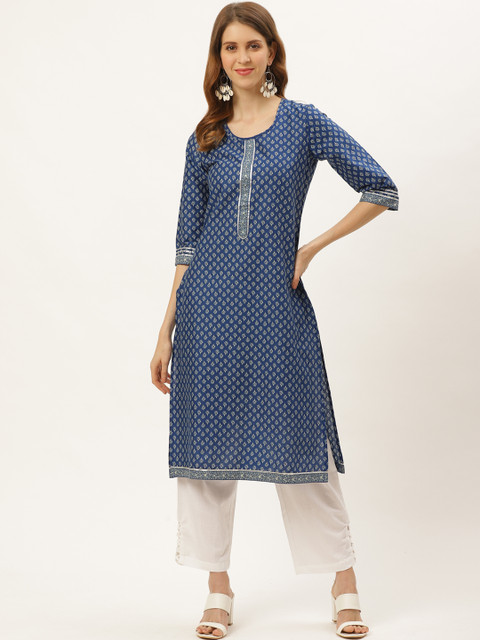 

Laabha Women Navy Blue & Beige Printed Straight Kurta