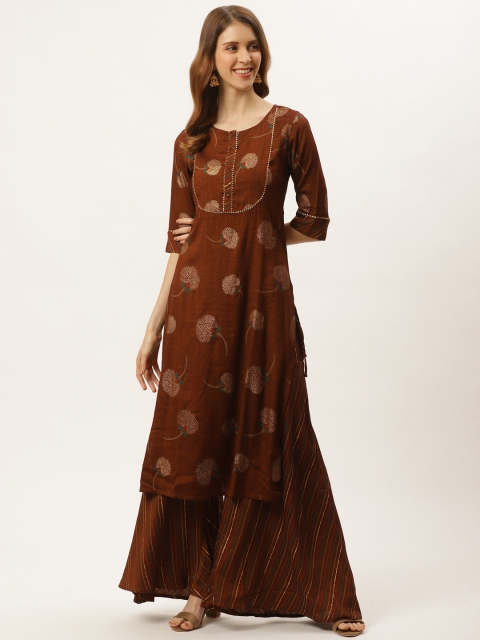 

Laabha Women Rust Brown & Golden Ethnic Motifs Print Kurta with Sharara
